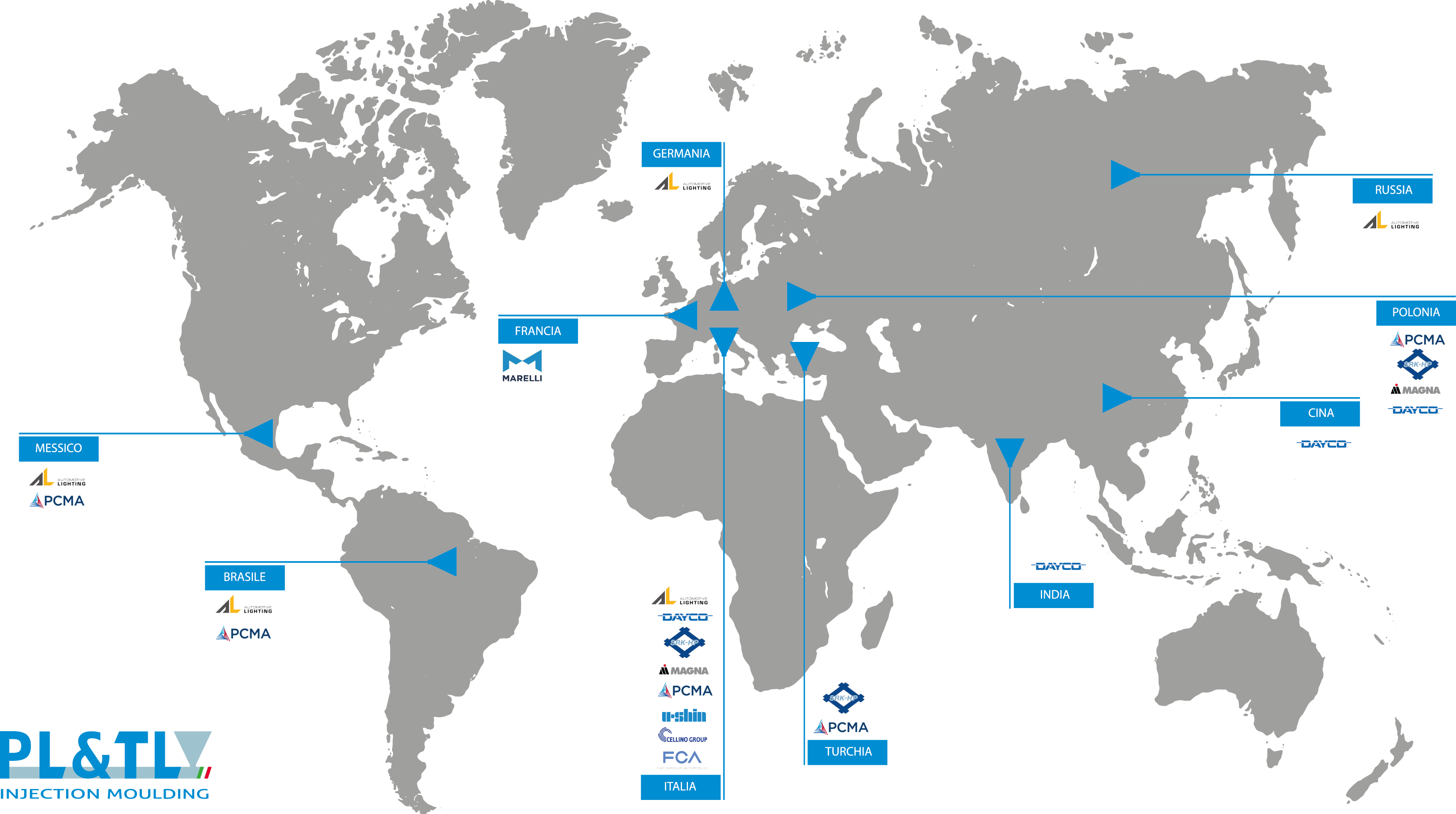 Una mappa dei clienti serviti da PL&TL nel mondo.